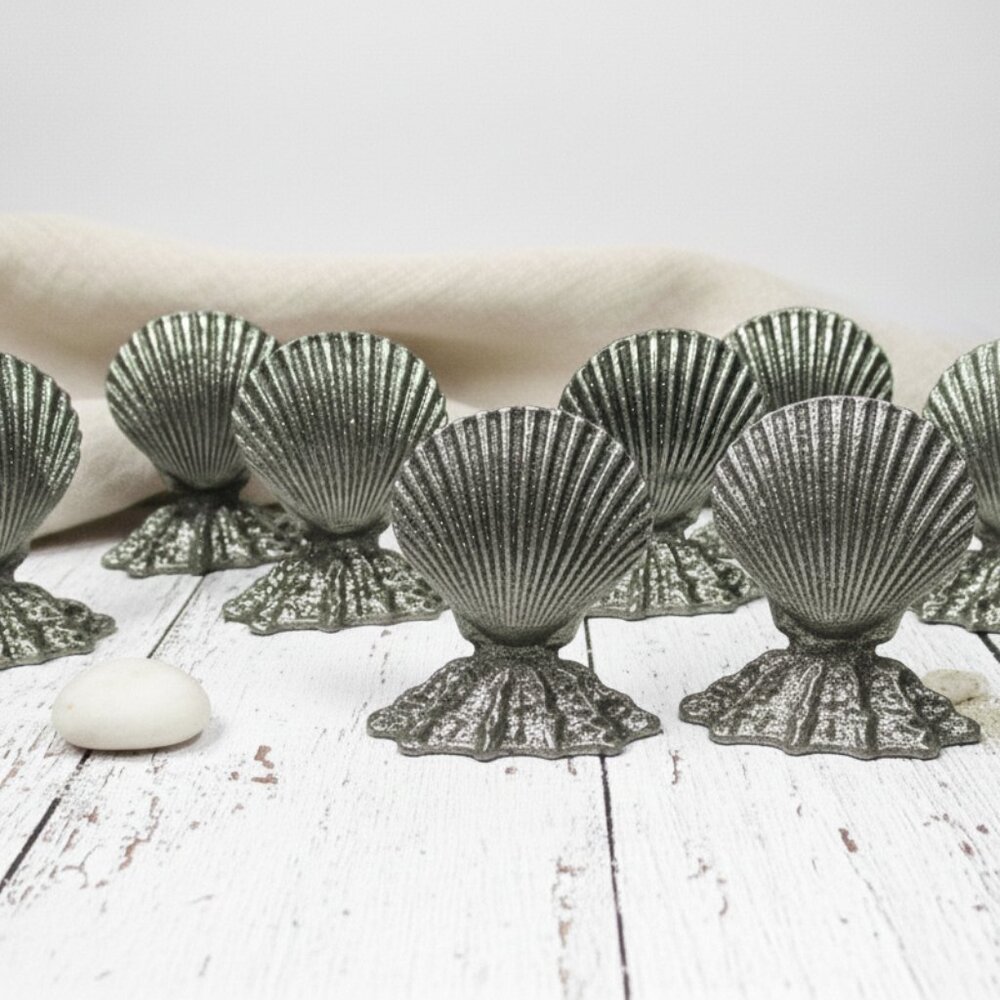 Vintage Metzke Pewter Seashell Place Card Holders Set of 8 Nautical Wedding